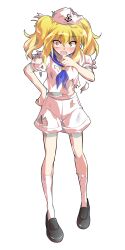 1girl anchor_print anchor_symbol black_shoes blonde_hair blue_neckerchief blue_sailor_collar blush commentary_request cropped_shirt dairi defeat double-parted_bangs full_body hair_between_eyes hair_over_shoulder hair_ribbon hand_on_own_chin hand_on_own_hip hand_up hat highres kitashirakawa_chiyuri large_variant_set long_bangs long_hair midriff_peek navel neckerchief open_mouth phantasmagoria_of_dim.dream pink_hat pink_ribbon pink_serafuku pink_shirt pink_shorts pink_socks raised_eyebrows ribbon sailor_collar sailor_hat school_uniform serafuku shirt shoes shorts simple_background socks solo standing straight-on surprised sweatdrop tachi-e torn_clothes torn_hat torn_shirt torn_shorts torn_socks touhou touhou_(pc-98) transparent_background two_side_up variant_set yellow_eyes
