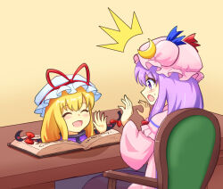 2girls :d :o ^^^ ^_^ blonde_hair blue_bow blush book bow capelet chair closed_eyes commentary_request crescent crescent_hat_ornament desk dot_nose dress gap_(touhou) hat hat_bow hat_ornament mob_cap multiple_girls open_book open_mouth patchouli_knowledge pink_capelet pink_dress pink_hat purple_eyes purple_hair red_bow sidelocks sideways_mouth simple_background sitting smile striped_clothes striped_dress touhou upper_body v-shaped_eyebrows vertical-striped_clothes vertical-striped_dress waving white_hat wide_sleeves yakumo_yukari yellow_background yoruniwa