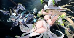 2girls blonde_hair blue_eyes blue_hair braid breasts cannon chromatic_aberration cleavage clothing_cutout commentary_request cutout_below_navel detached_collar dragon_girl dragon_horns energy ether_(starward) floating_hair flying gold_trim hair_between_eyes hand_up hat hat_tug headpiece highres holding holding_staff holding_sword holding_weapon horns large_breasts leotard long_hair looking_at_another mecha_musume mechanical_tail multiple_girls noir_socery777 open_mouth purple_eyes rhine_(starward) side_braid staff starward sword tail thighhighs thighs thrusters twintails very_long_hair weapon white_hat white_leotard white_thighhighs witch_hat