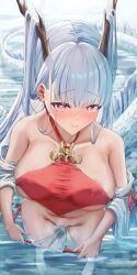 1girl azur_lane bare_shoulders blush breasts commentary_request detached_sleeves dragon_girl dragon_horns dragon_tail from_above fundoshi groin hair_on_horn heart heart-shaped_pupils highres horns japanese_clothes large_breasts long_hair looking_at_viewer looking_up panties panty_pull partially_submerged presenting pulling_own_clothes purufa red_eyes seductive_smile shimanto_(azur_lane) shimanto_(the_relaxing_dragon_god)_(azur_lane) skindentation smile solo symbol-shaped_pupils tail underwear very_long_hair wading wet white_hair wide_sleeves