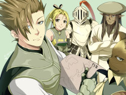 1girl 3boys armor beard black_ribbon blonde_hair book brooch brown_eyes brown_hair cat copyright_name crossed_arms dark-skinned_male dark_skin dated dwight_the_king_of_steel facial_hair gauntlets green_background hair_over_one_eye hair_ribbon hat helmet holding holding_book jewelry kia_yuki long_hair map multiple_boys pixiv_fantasia pixiv_fantasia_3 pixiv_fantasia_4 pixiv_fantasia_5 pixiv_fantasia_age_of_starlight pixiv_fantasia_new_world pixiv_fantasia_sword_regalia pointy_ears ribbon spiked_hair