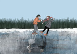 Rule 34 | 2boys, brown hair, clown, coat, commentary request, different reflection, forest, freckles, frozen lake, full body, glasses, hat, highres, holding hands, ice skating, jacket, looking at another, male focus, multiple boys, nature, outdoors, pine tree, randal&#039;s friends, randal ivory, reflection, scarf, sebastian de tomato smith chicken legs, short hair, skating, snow, tree, tsukasa (tsukasa mimizuku), ushanka, wide shot, winter