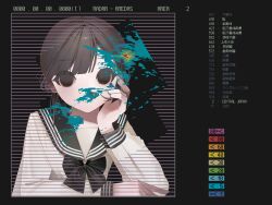 1girl absurdres black_background black_bow black_bowtie black_eyes black_hair black_sailor_collar blunt_bangs bow bowtie closed_mouth hand_on_own_cheek hand_on_own_face hand_up heatmap highres long_sleeves looking_at_viewer map original sailor_collar school_uniform serafuku shirt short_hair solo temperature test_norma1 translation_request upper_body weather_map white_shirt