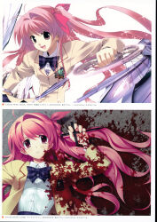 Rule 34 | 1girl, 2000s (style), 2008, 2009, absurdres, antenna hair, blazer, blood, blood in hair, blood on clothes, blood on face, blood on ground, blood on hands, blurry, blurry background, bow, bowtie, breasts, brown jacket, chaos;head, clenched teeth, collared shirt, concrete, cross, cross (weapon), d-sword, dagger, dated, ears visible through hair, from side, hair between eyes, hair bow, hair ribbon, happy, hekiho academy, high-waist skirt, highres, holding, holding cross, holding dagger, holding knife, holding sword, holding weapon, jacket, knife, lapels, light particles, lips, long hair, looking at viewer, lying, necktie, non-web source, notched lapels, official art, on back, one side up, open clothes, open jacket, open mouth, pink bow, pink eyes, pink hair, pink lips, plaid bow, plaid bowtie, plaid clothes, plaid necktie, pleated skirt, purple bow, purple skirt, ribbon, sakihata rimi, sasaki mutsumi, school emblem, school uniform, shirt, simple background, skirt, smile, solo, sparkle, sparkle background, suimei academy, suimei school uniform, sword, teeth, thighhighs, tongue, weapon, white background, white shirt, worried