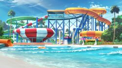 cloud cloudy_sky day highres inflatable_toy ladder lens_flare no_humans non-web_source official_art our_life:_beginnings_and_always outdoors palm_tree pool railing scenery shore sky stairs tree variant_set vent_(object) wading_pool water_slide waterpark waving