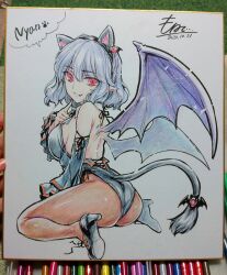 1girl alternate_costume animal_ear_hairband animal_ears art_tools_in_frame back backless_leotard bat_wings black_leotard black_shoes blue_hair breasts brown_pantyhose cat_ears cat_tail commentary_request dated detached_collar detached_sleeves fake_animal_ears fang fang_out hairband high_heels highres leotard looking_at_viewer medium_hair monety nontraditional_playboy_bunny pantyhose photo_(medium) pink_eyes pointy_ears remilia_scarlet shikishi shoes signature sitting solo speech_bubble strapless strapless_leotard tail touhou traditional_media wings