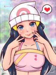 1girl beanie black_hair blue_eyes blush breasts collarbone dawn_(pokemon) double_v hair_ornament hairclip hat heart heart_print long_hair looking_at_viewer medium_breasts midriff misune_art nintendo pink_shirt poke_ball_print poke_ball_symbol pokemon pokemon_dppt polka_dot polka_dot_shirt print_hat print_shirt shirt sleeveless sleeveless_shirt smile speech_bubble spoken_heart standing tree upper_body v white_hat