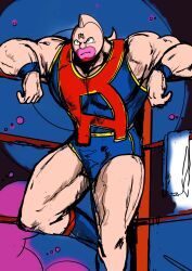 Rule 34 | 1boy, blue footwear, boots, broad shoulders, highres, kinnikuman, kinnikuman (character), leaning, male focus, mask, meat day, muscular, muscular male, pink lips, serious, wrestling outfit, wrestling ring, wristband, yoshiokanp