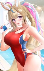 Rule 34 | 1girl, absurdres, animal ears, bare shoulders, blonde hair, blue hair, bottle, breasts, cleavage, cowboy shot, fox ears, fox girl, fox tail, highres, holding, holding bottle, hololive, large breasts, multicolored hair, omaru polka, one-piece swimsuit, pink hair, purple eyes, red one-piece swimsuit, solo, streaked hair, swimsuit, tail, virtual youtuber, waniwani (wasabiwaniwani)