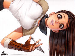 Rule 34 | 1girl, artist name, bandaged arm, bandages, bandana, bandana around neck, black bandana, black pants, bracer, breasts, brown eyes, brown gloves, brown hair, brown shirt, clothes writing, commentary, crop top, cropped shirt, eyelashes, fingerless gloves, gloves, holding, holding weapon, ibuki (street fighter), kunai, leaning to the side, leather, leather gloves, lips, lipstick, long hair, looking at viewer, loose hair strand, makeup, marker (medium), medium breasts, midriff, nose, omar dogan, pants, parted lips, pen (medium), pink lips, puffy short sleeves, puffy sleeves, raglan sleeves, romaji commentary, romaji text, shirt, short sleeves, sideways, signature, simple background, solo, standing, street fighter, street fighter iii (series), teeth, torn clothes, torn shirt, traditional media, upper teeth only, weapon, white background, white shirt, wide-eyed