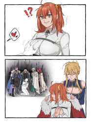 ! !? 2koma 3girls 4boys ? ahoge artoria_pendragon_(fate) artoria_pendragon_(lancer)_(fate) bedivere_(fate) breasts cleavage comic fate/grand_order fate_(series) fujimaru_ritsuka_(female) gawain_(fate) grabbing_another&#039;s_breast groping heart highres instant_loss knights_of_the_round_table_(fate) kulissara-aung lancelot_(fate/grand_order) large_breasts mash_kyrielight mash_kyrielight_(demi-servant) medium_breasts multiple_boys multiple_girls surprised sword tristan_(fate) weapon