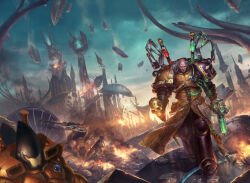 3boys adeptus_astartes after_battle apothecary_(warhammer_40k) armor balding cane chaos_(warhammer) chaos_space_marine chaos_undivided_(symbol) coat combat_medic corpse cover cover_page destruction eldar emperor&#039;s_children fabius_bile grey_hair holding holding_cane leather_armor leather_suit lie_setiawan mad_scientist male_focus military military_vehicle multiple_boys official_art power_armor ruins science_fiction scientist skull_ornament warhammer_40k