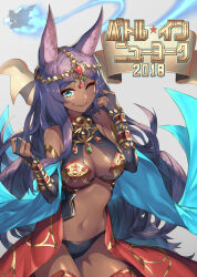 1boy 1girl ;) animal_ears bare_shoulders black_panties breasts cleavage cowboy_shot dark-skinned_female dark_skin edmond_dantes_(fate) essual_(layer_world) eyeliner fate/grand_order fate_(series) green_eyes grey_background head_chain highres jewelry long_hair looking_at_viewer makeup navel one_eye_closed panties purple_hair queen_of_sheba_(fate) simple_background smile solo_focus stomach translation_request underwear