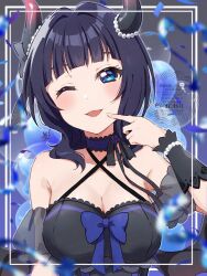 Rule 34 | 1girl, asaka karin, balloon, birthday, blue eyes, blue hair, blush, breasts, cleavage, collarbone, commentary, confetti, demon horns, highres, horns, kyaku tasu, looking at viewer, love live!, love live! nijigasaki high school idol club, mole, mole on collarbone, multiple moles, one eye closed, short hair, twitter username, upper body, watermark