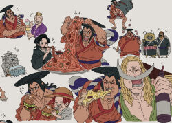 6+boys aged_down black_hair blonde_hair bottle burger cheek-to-cheek eating edward_newgate facial_hair food geta hat heads_together holding hyena_fanta ice_cream inuarashi_(one_piece) izou_(one_piece) japanese_clothes kimono kouzuki_oden leg_hair marco_(one_piece) meat medium_hair multiple_boys mustache nekomamushi noodles one_piece open_mouth pizza purple_shirt red_hair rope shanks_(one_piece) shimenawa ship shirt smile sparkle_background straw_hat teeth tongue variations watercraft wine_bottle