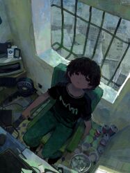 1boy absurdres black_eyes black_hair black_shirt can computer_keyboard electric_fan empty_eyes green_pants highres indoors looking_up male_focus maomi_jita on_chair original pants shirt sitting solo trash_can window