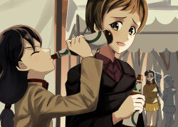 Rule 34 | 5girls, beer bottle, black jacket, brown eyes, brown hair, brown jacket, chi-hatan military uniform, closed eyes, commentary, drinking, girls und panzer, hair tie, highres, hosomi shizuko, jacket, kojima emi, kubota rin, kuromorimine military uniform, multiple girls, nishi kinuyo, nmz zmn, red shirt, shirt, skirt, tamada tamaki, tearing up, yellow skirt