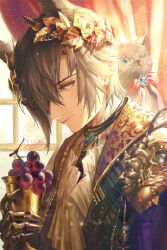 Rule 34 | 1boy, animal ears, arknights, black cat, black jacket, blue eyes, bow, brown hair, cat, cat ears, closed mouth, cup, extra ears, food, fruit, gauntlets, grapes, hair over one eye, hebbtia, highres, holding, holding cup, indoors, jacket, jewelry, laurel crown, looking at viewer, male focus, miss christine (arknights), necklace, one eye closed, phantom (arknights), red bow, short hair, solo, tragodia (arknights), upper body, yellow eyes