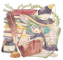 1girl :o ahoge aqua_hair black_cloak blush book book_focus book_stack bookmark bow brown_eyes cloak commentary_request female_focus frilled_pillow frills green_bow hair_ornament hat hat_bow holding holding_book inkwell mini_person minigirl mokarooru open_book original painting_(medium) pillow pointy_ears quill reading short_hair solo star_(symbol) tassel traditional_media watercolor_(medium) witch witch_hat x_hair_ornament