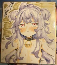 1girl animal_ears artist_name atahuta blush commission cow_ears double_bun flat_chest from_above hair_bun hair_over_breasts highres horns loli long_hair looking_at_viewer lying muu_muyu neck_bell on_back phase_connect photo_(medium) pink_eyes purple_hair solo sweat virtual_youtuber