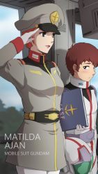 1boy 1girl amuro_ray brown_hair character_name copyright_name gundam hat helmet laofuzi_dai_bansho matilda_ajan military military_hat military_uniform mobile_suit_gundam pilot_suit red_eyes salute unworn_headwear unworn_helmet