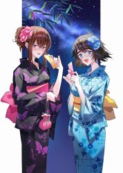 2girls :d alternate_costume black_hair blue_eyes blue_kimono blush breasts brown_hair floral_print flower hair_between_eyes hair_bun hair_flower hair_ornament hair_up highres holding japanese_clothes kimono long_hair long_sleeves looking_at_viewer makise_kurisu multiple_girls night night_sky obi open_mouth outdoors pink_kimono print_kimono sash shiina_mayuri shirase_rin short_hair sidelocks single_hair_bun sky smile standing star_(sky) starry_sky steins;gate wide_sleeves yukata
