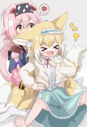 Rule 34 | &gt; &lt;, 2girls, absurdres, animal ears, arknights, barefoot, blue skirt, carrying, carrying person, cat ears, cat girl, cat tail, chefcooo jk, fox ears, fox girl, fox tail, goldenglow (arknights), grey background, hairband, heart, highres, kitsune, kyuubi, lightning bolt print, long sleeves, multiple girls, multiple tails, neck ribbon, official alternate costume, open mouth, pink hair, print hairband, puffy long sleeves, puffy sleeves, red ribbon, ribbon, shirt, simple background, skirt, speech bubble, spoken heart, suzuran (arknights), suzuran (spring praise) (arknights), tail, toes, white shirt, yellow eyes