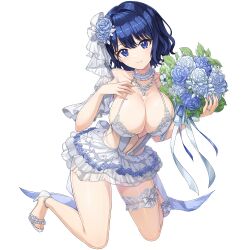 1girl blue_flower blue_rose bouquet breasts bridal_lingerie bride choker cleavage closed_mouth dolphin_wave flower game_cg hair_ornament hand_on_own_chest high_heels highres holding holding_bouquet jewelry kneeling lace_trim large_breasts light_blush lingerie looking_at_viewer necklace non-web_source nontraditional_wedding_dress official_alternate_costume official_alternate_hairstyle official_art ootomo_takuji pearl_necklace ring rose short_hair skindentation smile tojou_michiru transparent_background underwear wavy_hair wedding_ring white_choker white_flower white_rose