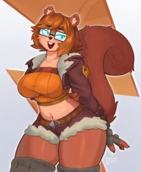 1girl animal_ears breasts brown_fur brown_jacket brown_shorts brown_tail buck_teeth cropped_jacket crossover fingerless_gloves glasses gloves grey_gloves grey_thighhighs highres jacket large_breasts marvel midriff navel open_clothes open_jacket open_mouth orange_hair orange_sweater rectangular_eyewear scooby-doo short_hair short_shorts shorts solo squirrel_ears squirrel_girl squirrel_girl_(marvel) squirrel_tail sweater tail teeth thighhighs upper_teeth_only user_drgk5488 velma_dinkley