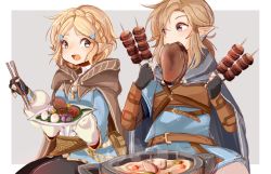 1boy 1girl :d aqua_eyes arm_guards belt_buckle belt_pouch black_cape black_gloves black_pants blue_eyes blush braid brown_cape buckle cape chopsticks crown_braid earrings eating fingerless_gloves food gloves grey_background hair_ornament hairclip holding holding_chopsticks hood hood_down hooded_cape jewelry link long_sleeves looking_at_viewer looking_to_the_side low_ponytail meat mouth_hold nintendo open_mouth pants parted_bangs pointy_ears ponytail pot pouch princess_zelda reinynii short_hair sidelocks simple_background sitting skewer smile soup steam the_legend_of_zelda the_legend_of_zelda:_breath_of_the_wild the_legend_of_zelda:_tears_of_the_kingdom