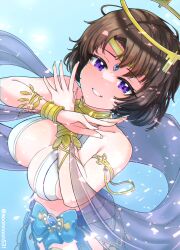 1girl absurdres alternate_costume angel_(last_origin) armpit_crease bare_shoulders black_hair blue_gemstone blue_sash blush bow breasts circlet cleavage collarbone commission confetti crossed_hands dancer forehead_jewel gem gold gold_armlet gold_choker gold_circlet gold_halo hair_between_eyes halo halterneck highres jewelry large_breasts last_origin light_particles looking_at_viewer navel noonnoon531 parted_lips pelvic_curtain pixiv_commission purple_eyes revealing_clothes sash short_hair skindentation smile solo twitter_username waist_bow