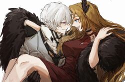 Rule 34 | 1boy, 1girl, black feathers, black gloves, blush, brown hair, carrying, chest tattoo, chinese commentary, choker, closed mouth, commentary request, dress, eye contact, feather boa, feather hair ornament, feathers, gloves, goggles, goggles around neck, grey jacket, grin, hair between eyes, hair ornament, hetero, highres, ira (34112290), jacket, limbus company, long hair, long sleeves, looking at another, pink lips, princess carry, project moon, purple eyes, red dress, rodion (project moon), scarf, short hair, simple background, smile, sonya (project moon), tattoo, white background, white hair, white scarf