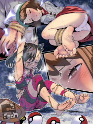 2girls aqua_eyes artist_name ass barefoot bdsm black_hair blush bondage bound bound_ankles brown_eyes brown_hair cardigan dress empty_eyes energy_drain female_focus gloria_(pokemon) grey_cardigan gym_challenge_uniform hat leech_seed loli marnie_(pokemon) medium_hair multiple_girls nintendo panties parasite peril poke_ball poke_ball_(basic) pokemon pokemon_swsh ryona sequential signature soon_(c-u-soon) sportswear tam_o&#039;_shanter tearing_up torn_clothes twintails underwear white_panties