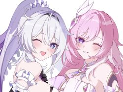 Rule 34 | 2girls, bare shoulders, blue eyes, breasts, commentary, commentary request, diamond-shaped pupils, diamond (shape), elysia (herrscher of human: ego) (honkai impact), elysia (honkai impact), hair between eyes, hair ornament, highres, honkai (series), honkai impact 3rd, kiana kaslana, kiana kaslana (herrscher of finality), large breasts, long hair, looking at viewer, multiple girls, one eye closed, open mouth, parted lips, pink hair, ponytail, portrait, purple eyes, purple pupils, simple background, smile, star-shaped pupils, star (symbol), symbol-only commentary, symbol-shaped pupils, tdatnst, triquetra, white background