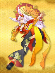1girl animal_ears black_choker black_pants breasts choker cleavage coat dim_sum gongsun_li hair_ornament highres holding holding_umbrella jacket kageyama_shinobi layered_shirt leaf long_hair long_sleeves looking_at_viewer maple_leaf oil-paper_umbrella orange_coat orange_jacket orange_nails pants ponytail rabbit_ears samurai_spirits simple_background smile solo umbrella wangzhe_rongyao