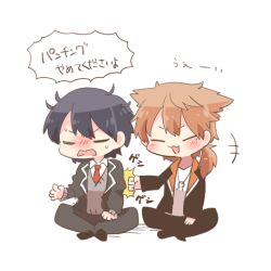 +++ 2boys :d black_hair black_jacket black_pants black_shoes blazer blush_stickers brown_hair chibi closed_eyes collared_shirt commentary_request fushimi_gaku fushimi_gaku_(1st_costume) grey_sweater jacket kenmochi_touya kenmochi_touya_(1st_costume) long_hair low_ponytail lowres male_focus mole mole_under_eye multiple_boys necktie nijisanji open_clothes open_jacket open_mouth pants ponytail punching rebecca_(keinelove) red_necktie school_uniform shirt shoes simple_background sitting smile sweater translation_request v-shaped_eyebrows virtual_youtuber wavy_mouth white_background white_shirt