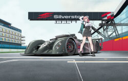 1girl absurdres amoemo bentley bentley_speed_8 black_gloves black_skirt breasts car dress_shirt glasses gloves grey_sky hair_between_eyes high-waist_skirt high_heels highres holding holding_polearm holding_weapon large_breasts long_hair motor_vehicle naginata outdoors pencil_skirt pink_eyes pink_hair polearm pursed_lips race_vehicle racecar racetrack shirt sidelocks silverstone_circuit skirt sky tsukishiro_yanagi vehicle_focus weapon white_shirt zenless_zone_zero