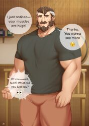 1boy afk_(series) afk_journey bara beard biceps black_shirt brown_pants clenched_hand closed_mouth commentary facial_hair highres hogan_(afk) looking_at_viewer male_focus multicolored_hair muscular muscular_male mustache pants shirt signature smile speech_bubble symbol-only_commentary zammonv