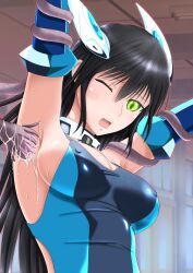 Rule 34 | 1girl, armpits, arms up, black hair, blush, breasts, collar, competition swimsuit, covered erect nipples, elbow gloves, energy drain, gloves, green eyes, highres, hyu-ryona, kisoe mitsuki, kyoukai hishou celestite, large breasts, large variant set, licking, licking armpit, long hair, medium breasts, one-piece swimsuit, one eye closed, open mouth, peril, presenting armpit, restrained, sideboob, solo, swimsuit, tentacles, tentacles under clothes, textless version, variant set