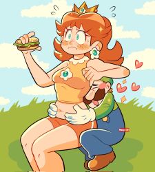 Rule 34 | 1boy, 1girl, arms around waist, bare arms, bare shoulders, blue eyes, blue sky, blush, breasts, brown footwear, brown hair, closed mouth, cloud, crop top, crown, day, earrings, eating, facial hair, flipped hair, flower earrings, flying sweatdrops, food, freckles, gloves, grass, green headwear, green shirt, hat, heart, hetero, highres, holding, holding food, hug, jewelry, long hair, long sleeves, luigi, manysart1, mario (series), medium breasts, midriff, mini crown, mustache, navel, nintendo, nose blush, open mouth, orange footwear, outdoors, overalls, princess daisy, shirt, shoes, short hair, shorts, sitting, sky, sleeveless, sleeveless shirt, smile, sparkle, squatting, white gloves