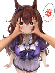 1girl absurdres animal_ears aqua_eyes arms_at_sides blush bow breasts commentary_request ear_bow face_hold hair_between_eyes highres horse_ears horse_girl large_breasts looking_at_viewer maruzensky_(umamusume) pleated_skirt puffy_short_sleeves puffy_sleeves purple_bow purple_shirt school_uniform shirt short_sleeves simple_background skirt solo spoken_squiggle squiggle tearing_up tracen_school_uniform umainu_2002 umamusume white_background white_skirt