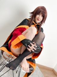 Rule 34 | 1girl, absurdres, asymmetrical legwear, belt, belt collar, black cape, black gloves, black hat, black panties, black socks, breasts, brown hair, cape, carpet, chair, collar, cosplay, cosplay photo, crossed legs, dress, eyelashes, feet, fingerless gloves, full body, gloves, hat, highres, indoors, interlocked fingers, kneehighs, kono subarashii sekai ni shukufuku wo!, lips, looking at viewer, megumin, megumin (cosplay), mismatched legwear, panties, pantyshot, photo (medium), red dress, red eyes, single kneehigh, single sock, sitting, small breasts, smile, socks, solo, staff, stelarhoshi, toes, transparent, underwear, unworn hat, unworn headwear, wall, witch hat