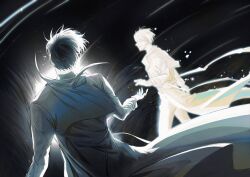 2boys atmospheric_perspective black_hair character_request coat collared_shirt color_contrast from_behind grin hair_flowing_over highres kim_dokja light_particles multiple_boys offering_hand omniscient_reader&#039;s_viewpoint outstretched_hand popped_collar raya_(000_unseen) reaching reaching_towards_another shirt short_hair smile walking white_coat white_hair