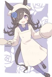 :d apron black_hair black_shoes blue_flower blue_rose blush bowl commentary_request dated floral_background flower hair_flower hair_ornament hair_over_one_eye headscarf holding holding_bowl holding_spoon horse_girl kappougi koruri long_hair long_sleeves looking_at_viewer open_mouth pantyhose puffy_long_sleeves puffy_sleeves purple_background purple_eyes purple_pantyhose rice rice_bowl rice_shower_(umamusume) rose school_uniform shamoji shoes smile solo spoon tracen_school_uniform twitter_username umamusume wooden_spoon