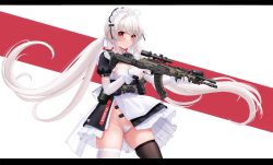 1girl akm allenes assault_rifle asymmetrical_legwear black_dress black_thighhighs blush breasts cleavage dress elbow_gloves gloves gun holding holding_gun holding_weapon kalashnikov_rifle letterboxed long_hair looking_at_viewer low_twintails maid medium_breasts mismatched_legwear original panties puffy_short_sleeves puffy_sleeves red_background red_eyes scope short_sleeves skindentation solo thighhighs twintails two-tone_background underwear very_long_hair weapon weapon_request white_background white_hair white_panties white_thighhighs