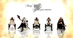 1girl 4boys ahoge bandages beard black_eyes black_hair blonde_hair boots brown_hair character_name cloak copyright_name crossed_legs dress english_text engrish_text eyepatch facial_hair fairy_tail fur gildarts_clive green_eyes head_wings highres long_beard long_coat macao_conbolt makarov_dreyar mavis_vermilion multiple_boys mustache old precht_gaebolg ranguage reflection sitting staff stubble throne white_hair wings