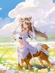 1girl absurdres animal_ears blue_sky brown_hair centauroid cloud cropped day deer_ears deer_girl deer_tail ear_tag flower flower_wreath full_body grass grasslands hands_up head_wreath highres holding holding_wreath jessica_(reverse:1999) long_hair long_sleeves lppzi midriff mountainous_horizon navel open_clothes outdoors parted_lips reverse:1999 shirt sky solo tail taur very_long_hair white_flower white_shirt