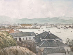 Rule 34 | atelier bono, cloud, cloudy sky, harbor, highres, house, japan, mountainous horizon, no humans, original, painting (medium), port, scenery, ship, sky, traditional media, watercolor (medium), watercraft