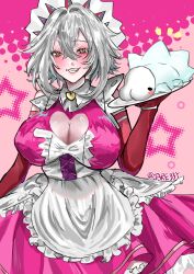 1girl absurdres apron blush breasts cleavage cleavage_cutout clothing_cutout crossed_bangs elbow_gloves fang gen_8_pokemon gloves grey_hair highres holding holding_plate large_breasts long_hair looking_at_viewer maid maid_apron maid_headdress nintendo plate pokemon pokemon_(creature) red_gloves short_hair sidelocks smile snom solo star_(symbol) tare33y virtual_youtuber vshojo white_apron yellow_eyes zentreya zentreya_(cyborg)