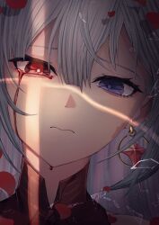 1girl absurdres aoi_(ayakaze_aoi) bare_shoulders blood bloody_tears blue_eyes broken_glass closed_mouth collar earrings glass grey_hair hair_between_eyes heterochromia highres jewelry long_hair looking_at_viewer petals phrolova_(wuthering_waves) red_collar red_eyes solo wuthering_waves